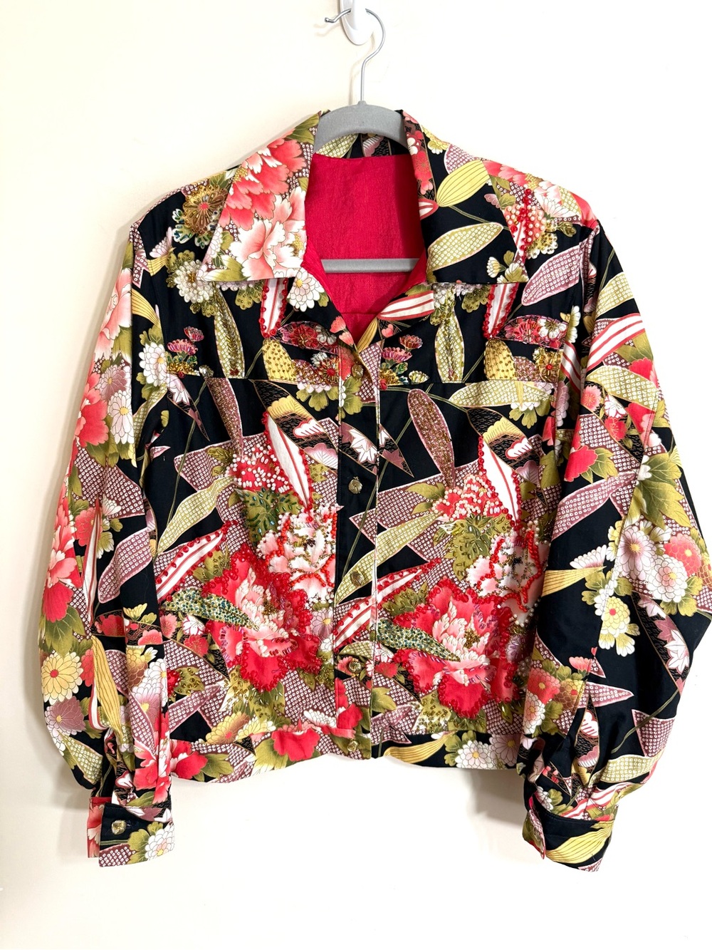 VINTAGE Womens Beaded Floral Jacket L 90s Art Wear Maximalist Luxury Statement